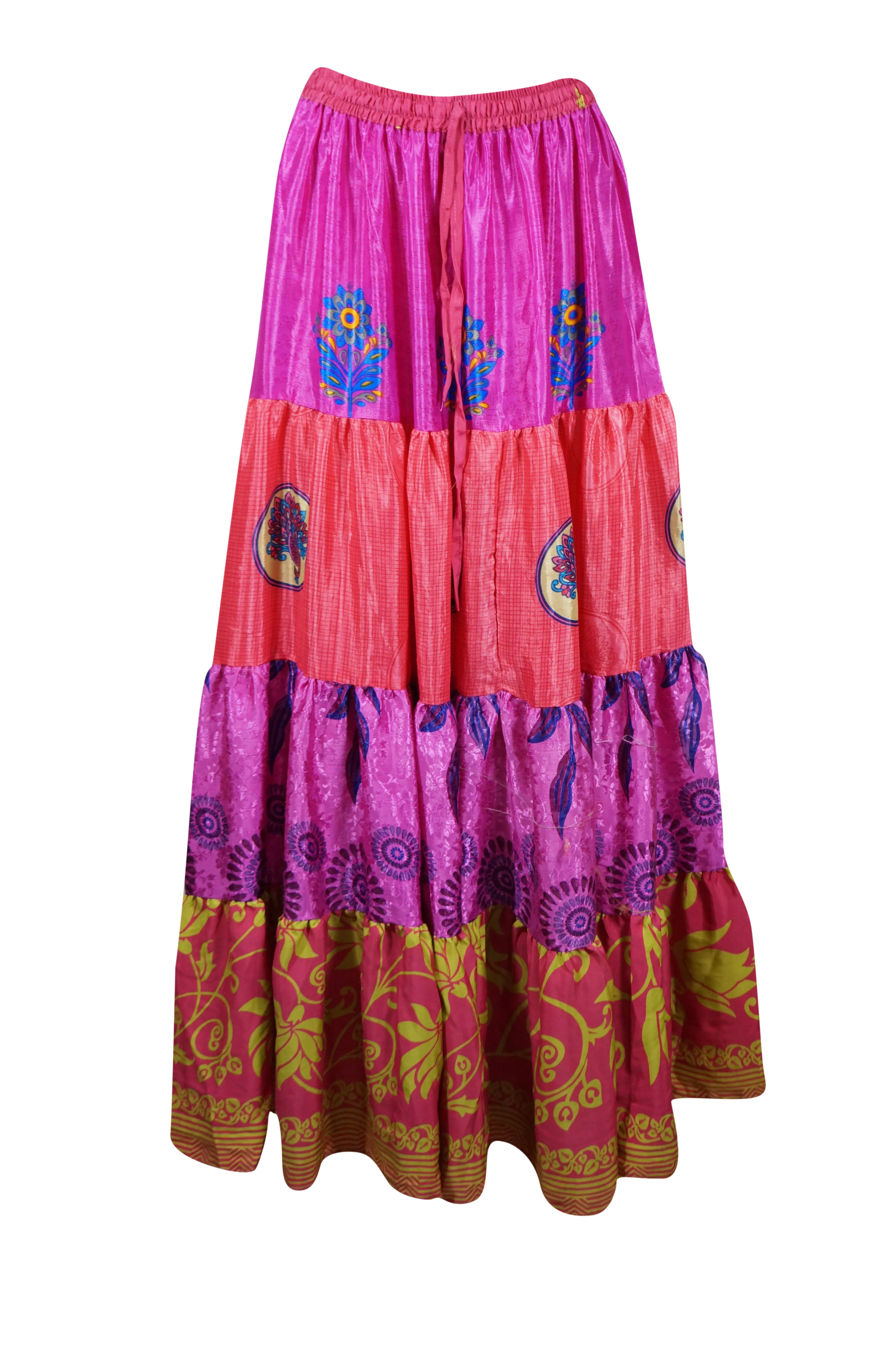 Women's Skirt Deep Pink Floral Maxi Skirt Patchwork Boho Skirts S/M