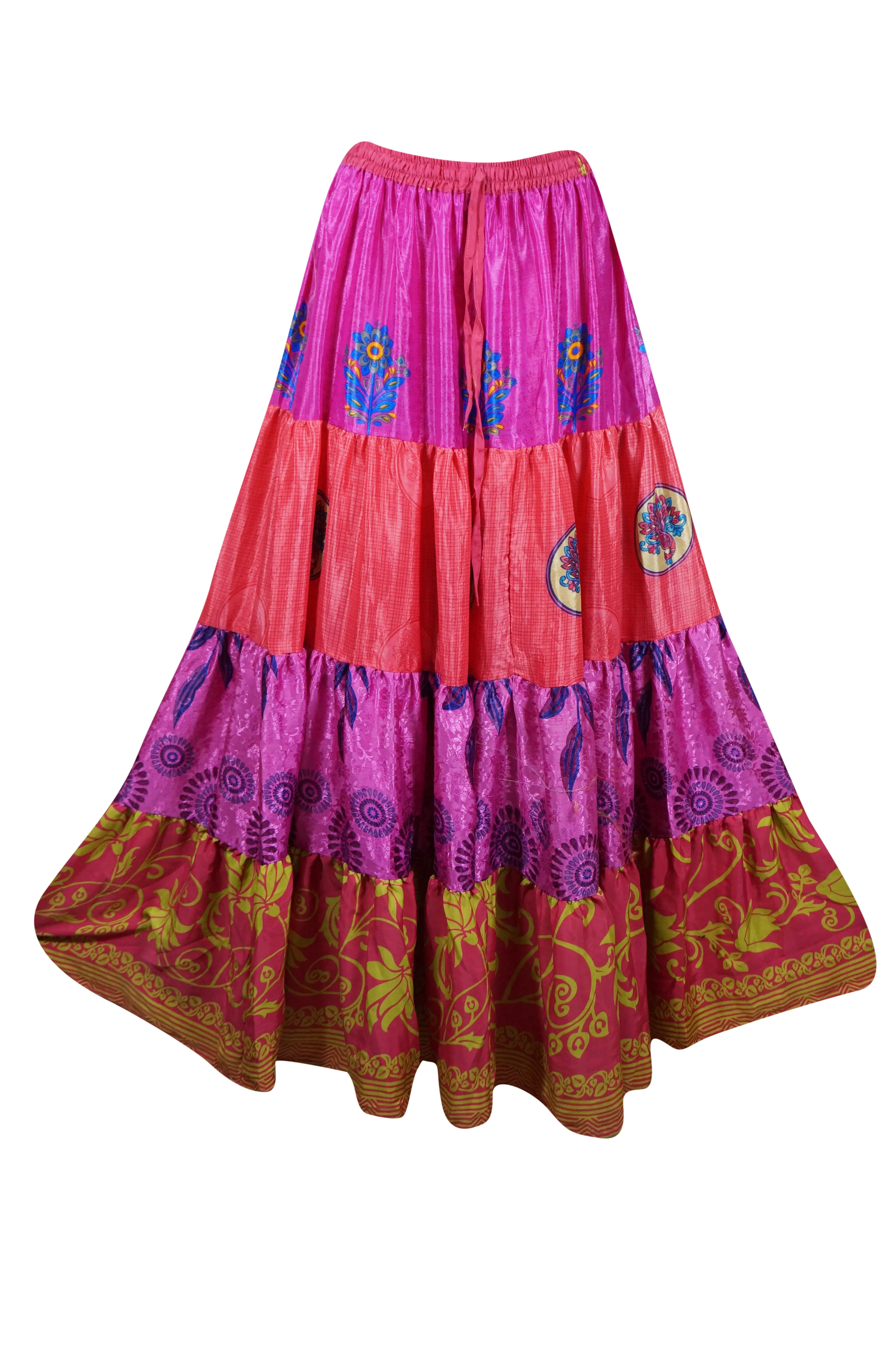 Women's Skirt Deep Pink Floral Maxi Skirt Patchwork Boho Skirts S/M