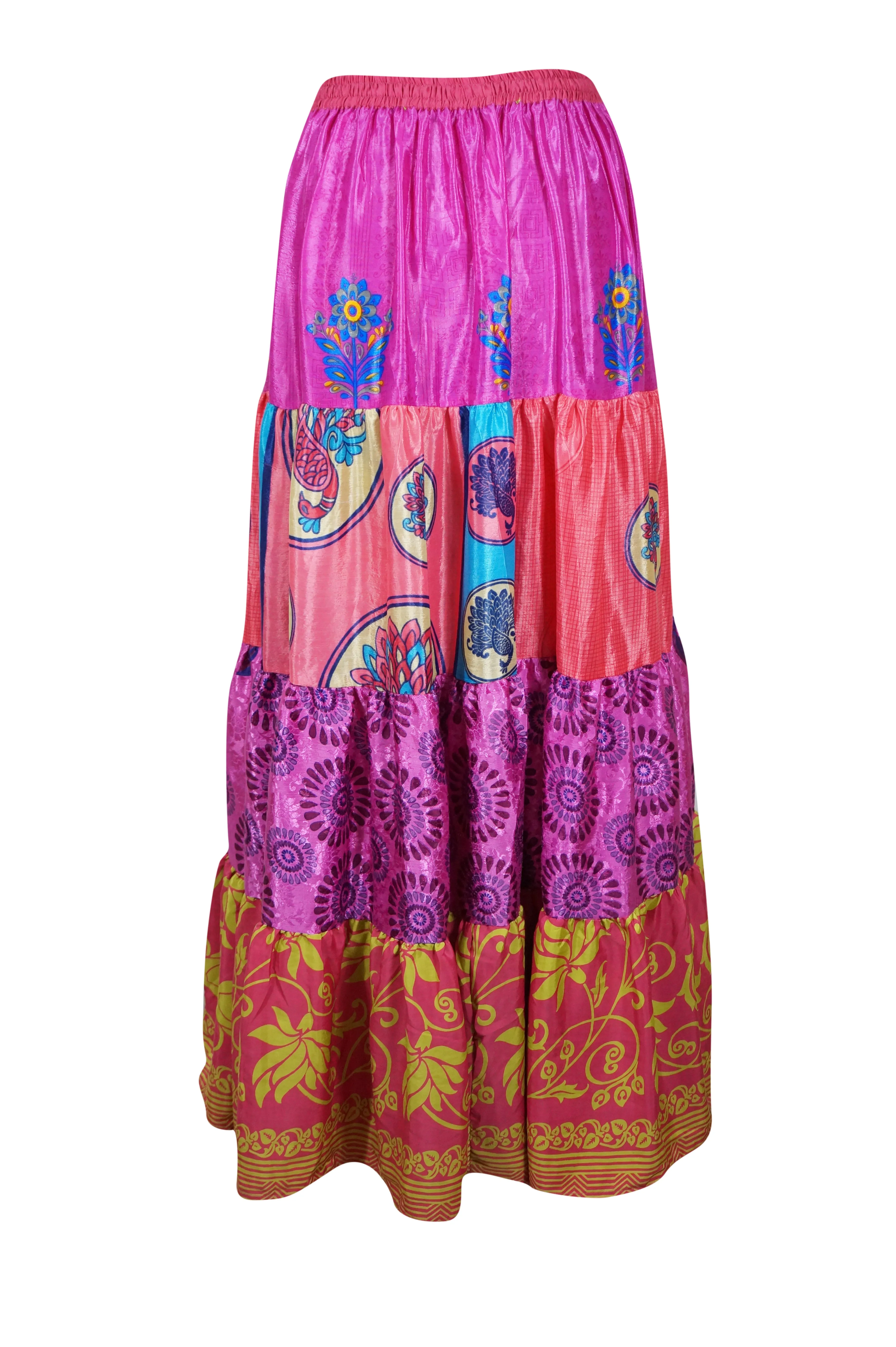 Women's Skirt Deep Pink Floral Maxi Skirt Patchwork Boho Skirts S/M