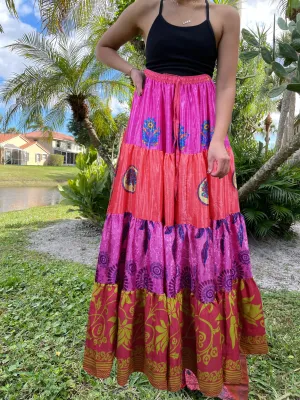 Women's Skirt Deep Pink Floral Maxi Skirt Patchwork Boho Skirts S/M