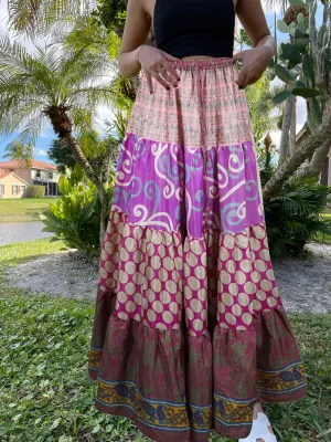 Women's Skirt Light Purple Floral Maxi Skirt Patchwork Boho Skirts S/M