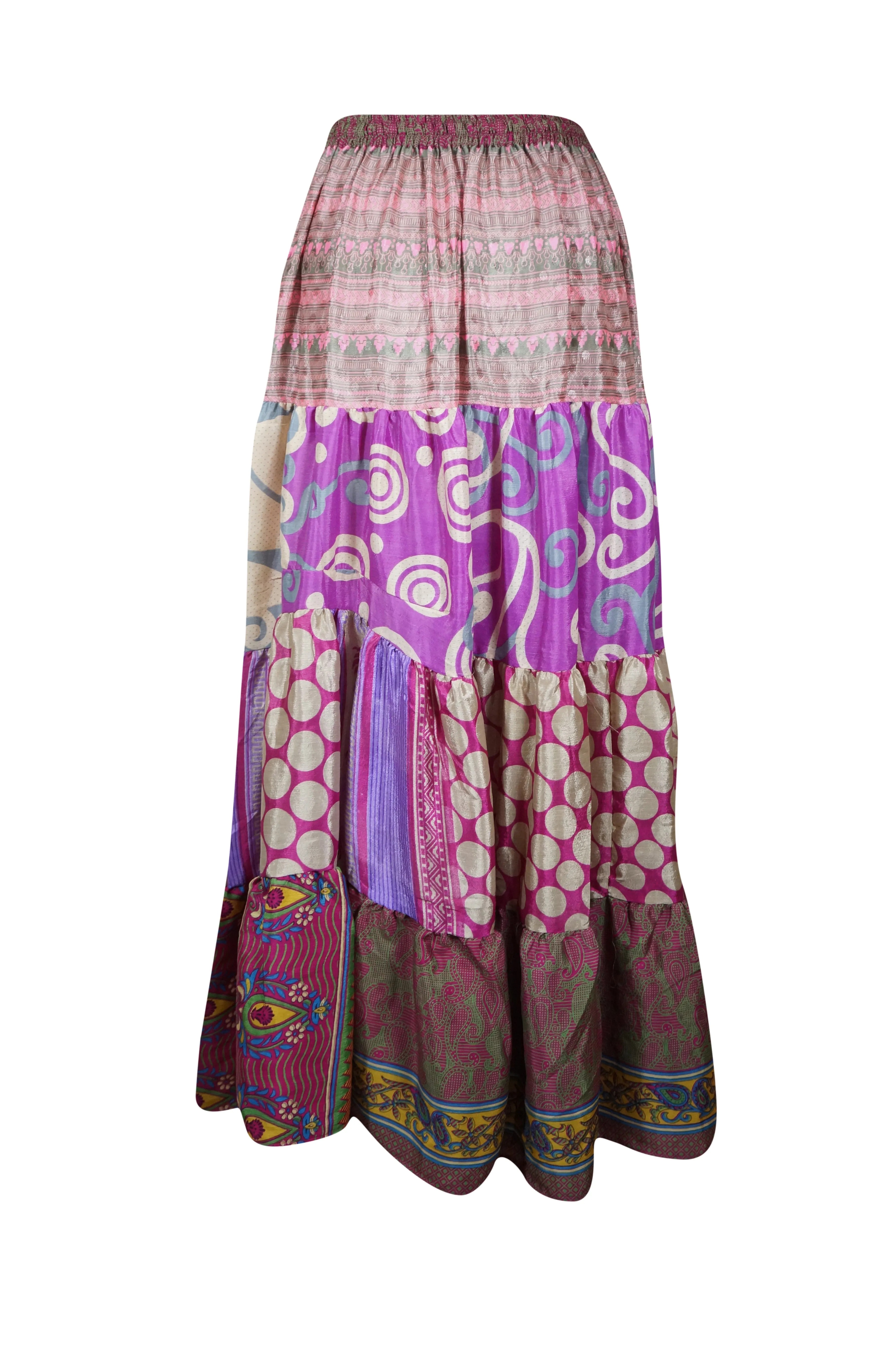 Women's Skirt Light Purple Floral Maxi Skirt Patchwork Boho Skirts S/M
