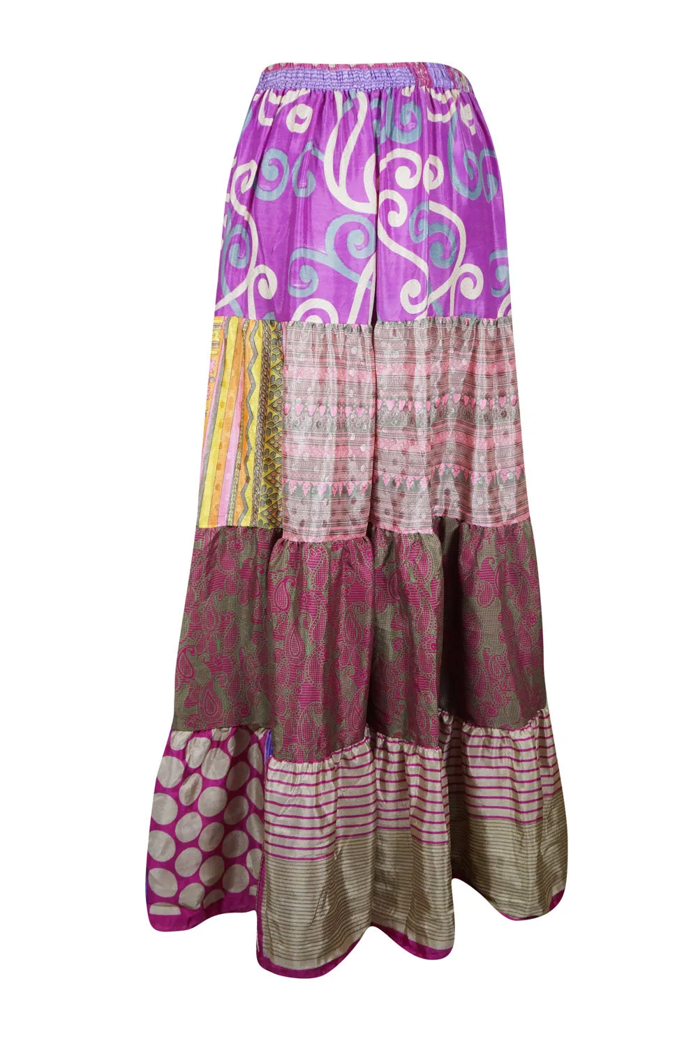Women's Skirt Purple Floral Beach Maxi Skirt Patchwork Boho Skirts S/M