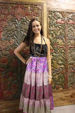 Women's Skirt Purple Floral Beach Maxi Skirt Patchwork Boho Skirts S/M