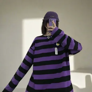 Women's Slim Fit Purple Striped Top - Harajuku Streetwear