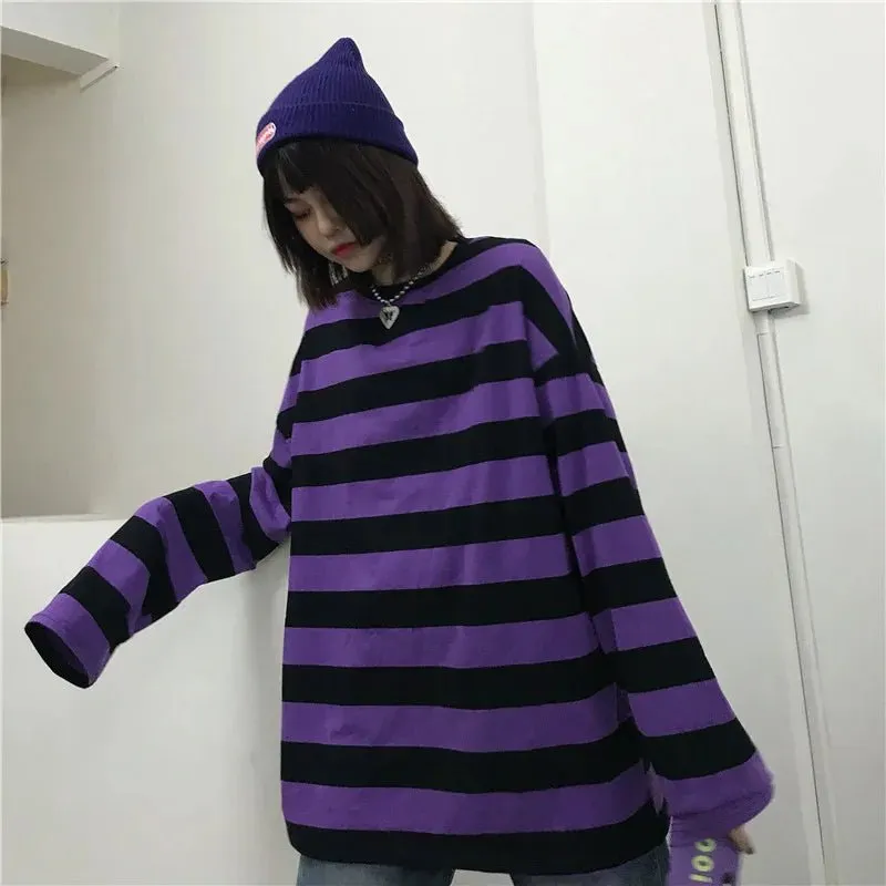 Women's Slim Fit Purple Striped Top - Harajuku Streetwear