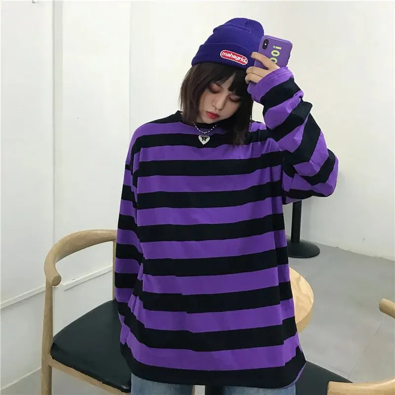 Women's Slim Fit Purple Striped Top - Harajuku Streetwear