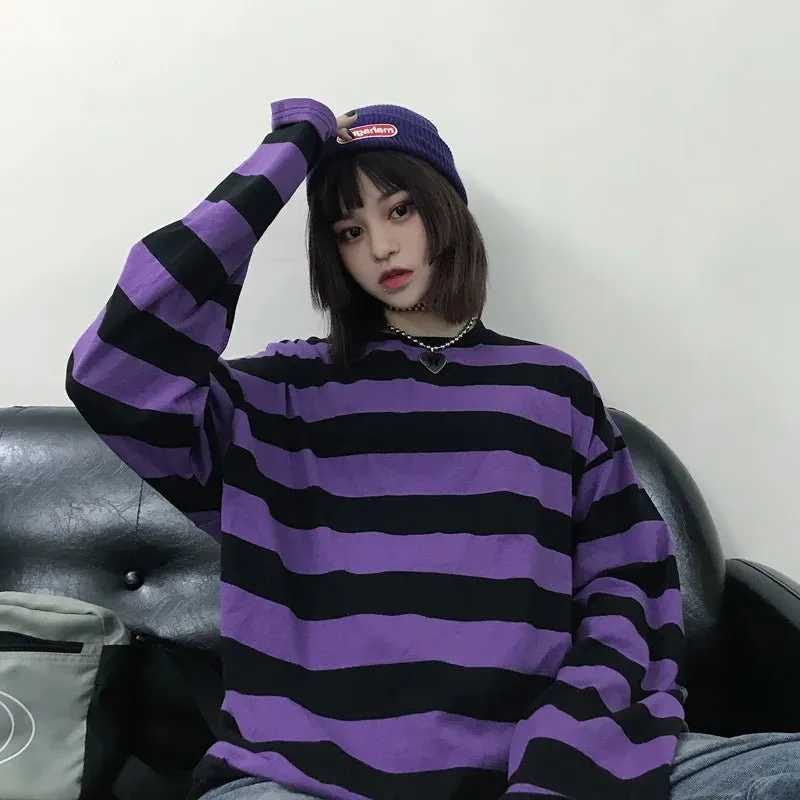 Women's Slim Fit Purple Striped Top - Harajuku Streetwear