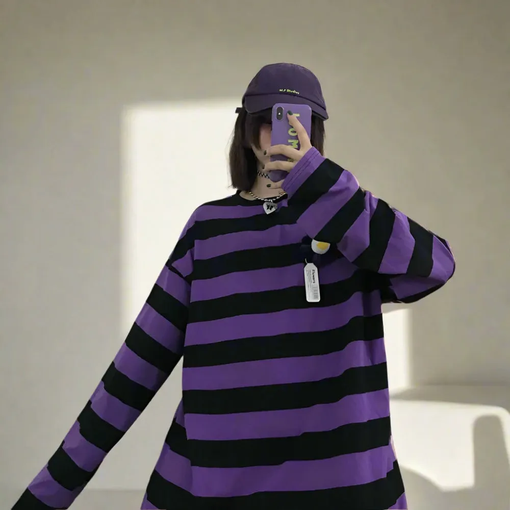 Women's Slim Fit Purple Striped Top - Harajuku Streetwear