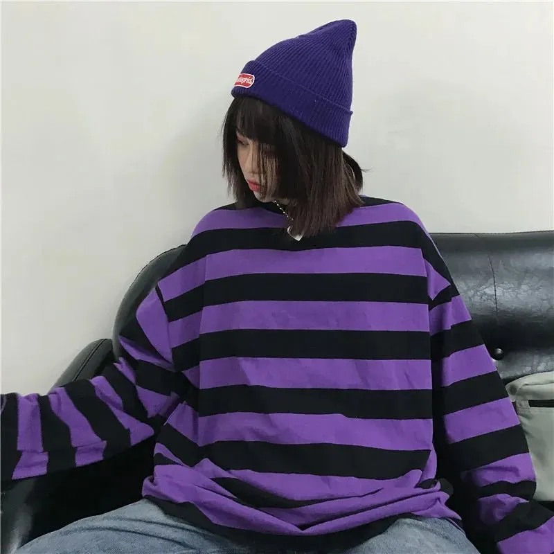 Women's Slim Fit Purple Striped Top - Harajuku Streetwear