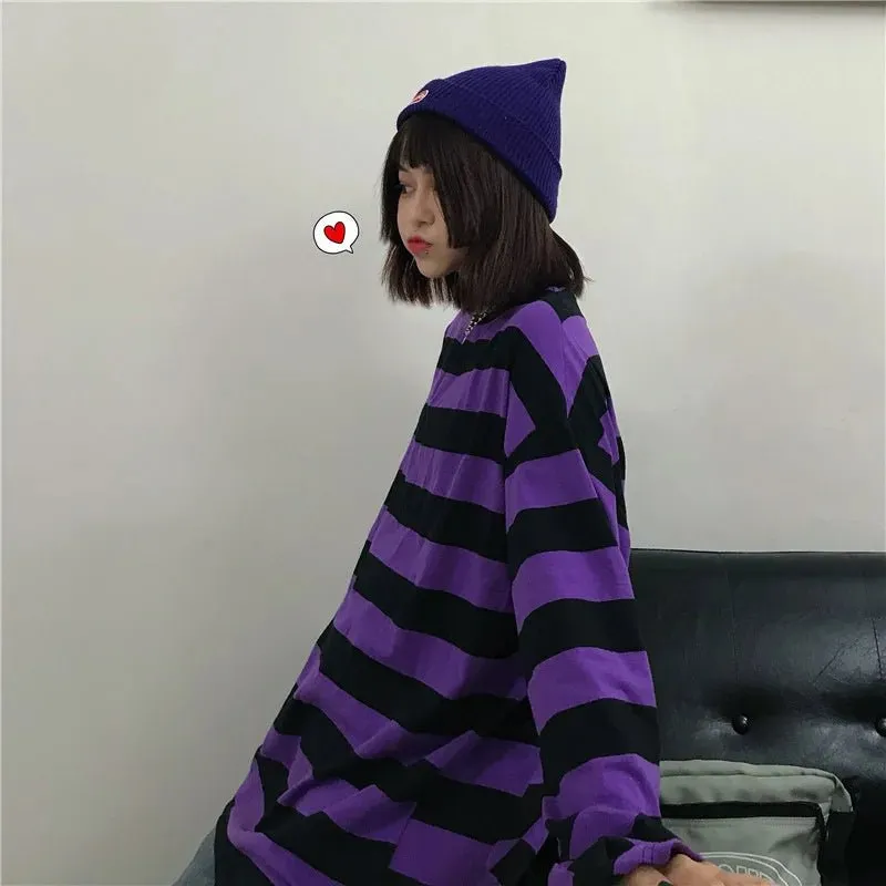 Women's Slim Fit Purple Striped Top - Harajuku Streetwear