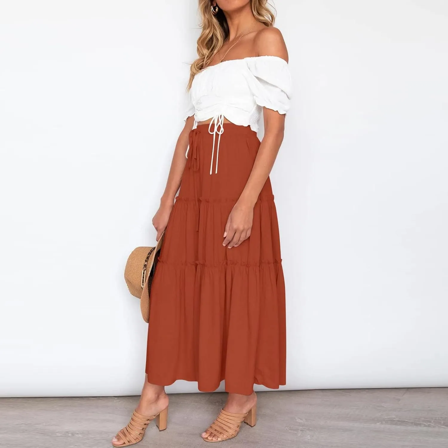 Women's Summer Boho Skirts Elastic High Waisted Pleated A Line Flowy Maxi Skirt Casual Beach Party Long Dress