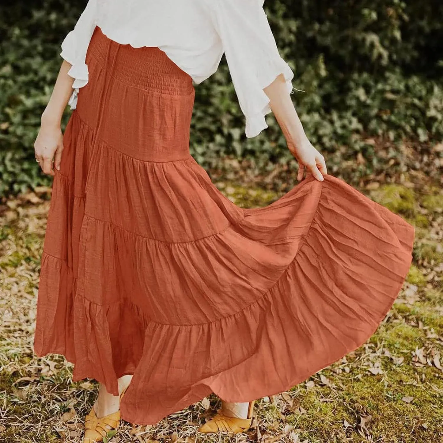 Women's Summer Boho Skirts Elastic High Waisted Pleated A Line Flowy Maxi Skirt Casual Beach Party Long Dress