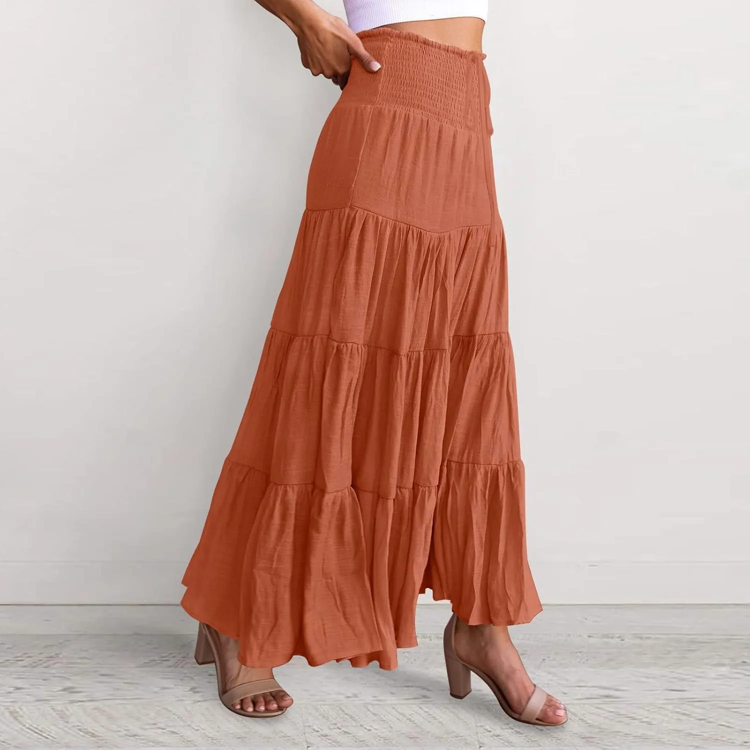 Women's Summer Boho Skirts Elastic High Waisted Pleated A Line Flowy Maxi Skirt Casual Beach Party Long Dress
