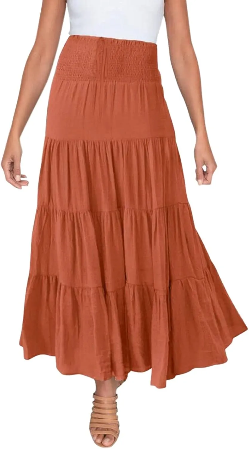 Women's Summer Boho Skirts Elastic High Waisted Pleated A Line Flowy Maxi Skirt Casual Beach Party Long Dress