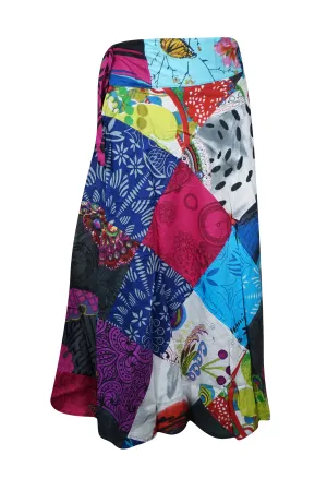 Women's Wrap Around Skirts Cotton Blue Pink Patchwork Midi Skirts Onesize