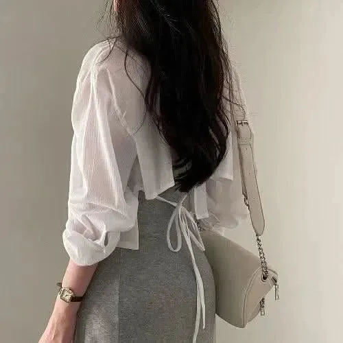 Y2K White Chiffon Cardigan – Short Sun Protection Shirt for Women