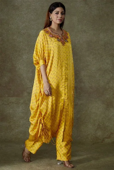 Yellow Satin Bandhani Printed Kurta Set