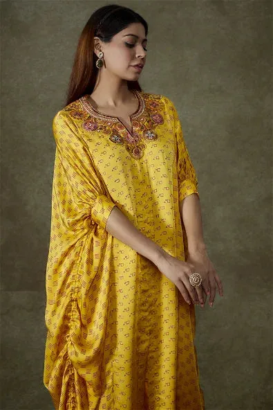 Yellow Satin Bandhani Printed Kurta Set