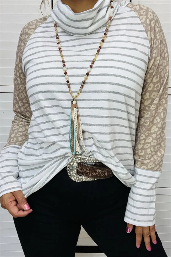 YMY10268 Striped/leopard turtle neck pullover long sleeves women tops